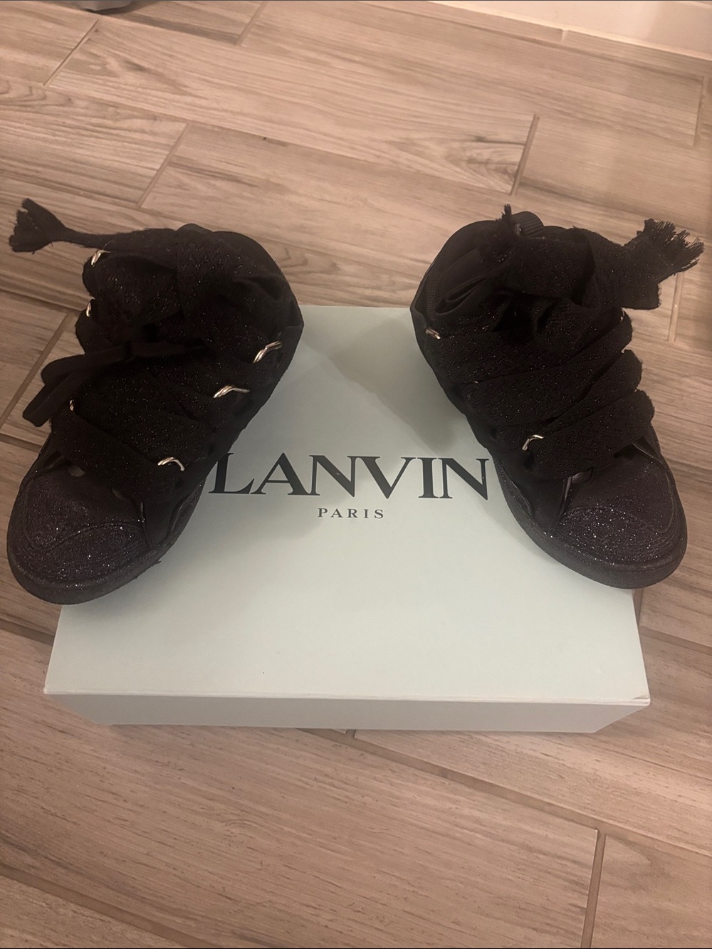 Lanvin Black Glitter High-Top Sneakers with Ribbon Laces